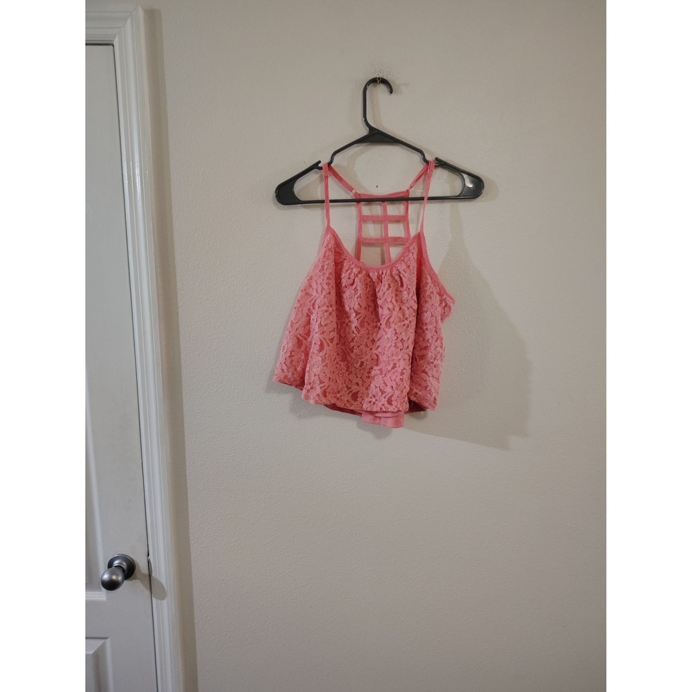 Rue21 Womens Medium Coral Pink Floral Lace Strappy Cage Back Crop Top‎ Tank